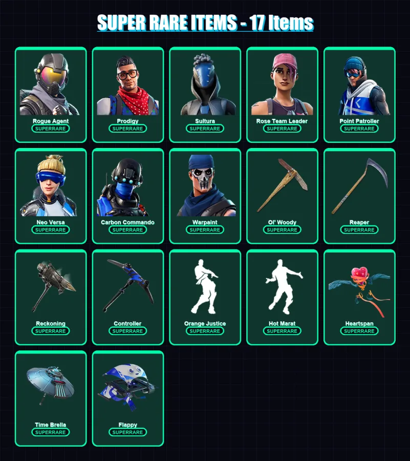 [PC/XBOX] | Rogue Agent | Prodigy | Sultura | Rose Team Leader | Point Patroller | 86 skin | 110 pickaxe | 111 emote | 101 glider | Lv1503