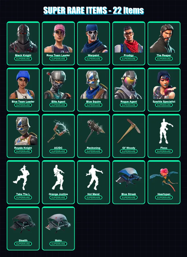 [PC] | Black Knight | Rose Team Leader | Warpaint | Prodigy | The Reaper | 92 skin | 88 pickaxe | 95 emote | 75 glider | Lv889