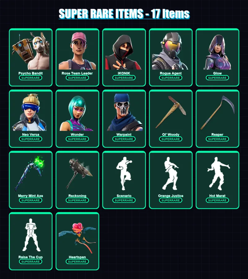 [PC/XBOX] | Psycho Bandit | Rose Team Leader | IKONIK | Rogue Agent | Glow | 287 skin | 198 pickaxe | 162 emote | 136 glider | Lv1654