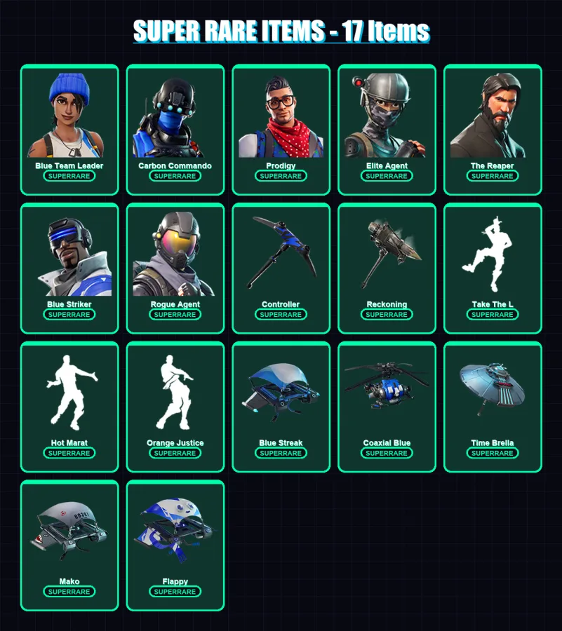 [PS4/PS5/XBOX/PC] | Blue Team Leader | Carbon Commando | Prodigy | Elite Agent | The Reaper | 47 skin | 34 pickaxe | 49 emote | 54 glider | Lv823