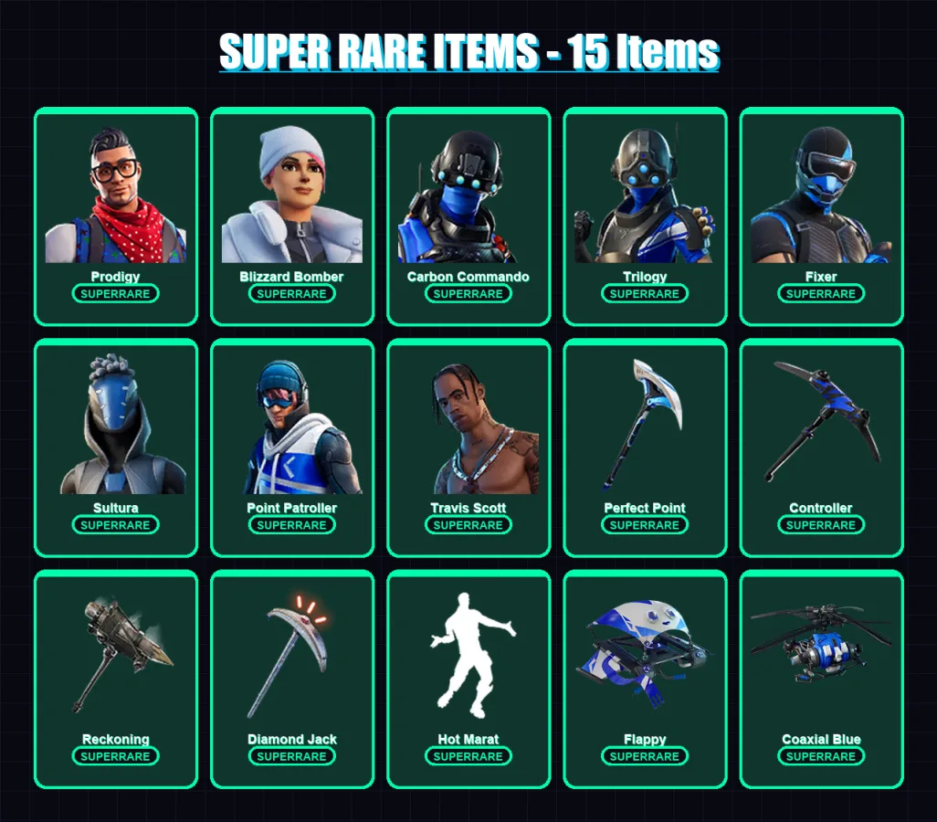 [PS4/PS5/XBOX/PC] | Prodigy | Blizzard Bomber | Carbon Commando | Trilogy | Fixer | 43 skin | 39 pickaxe | 45 emote | 43 glider | Lv472