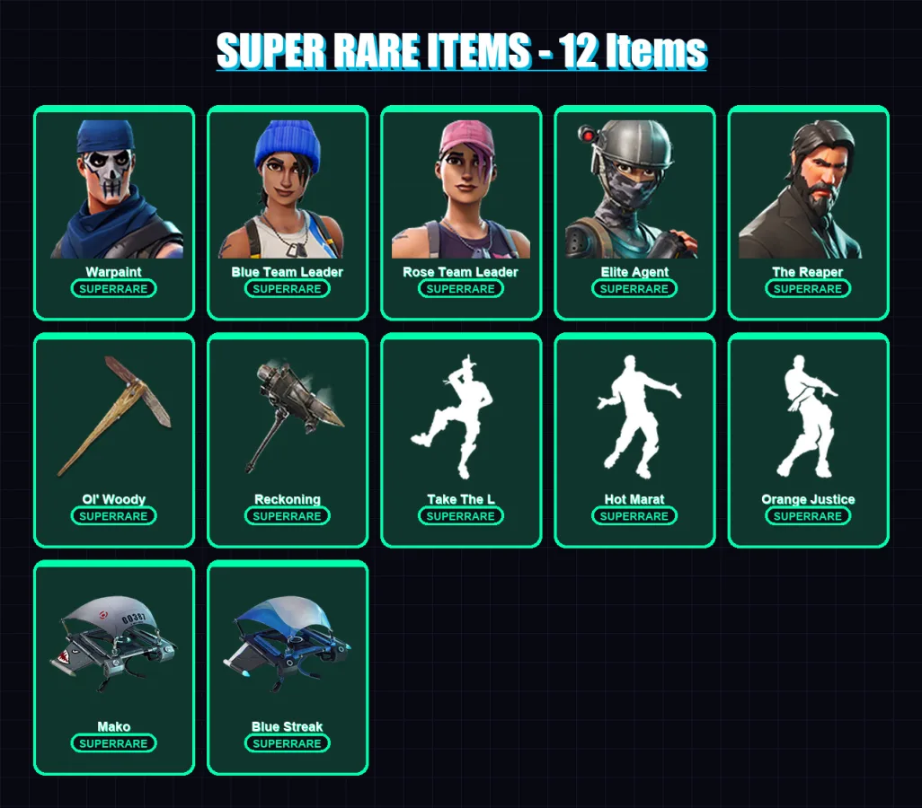 [PS4/PS5/XBOX/PC] | Warpaint | Blue Team Leader | Rose Team Leader | Elite Agent | The Reaper | 40 skin | 26 pickaxe | 36 emote | 31 glider | Lv494