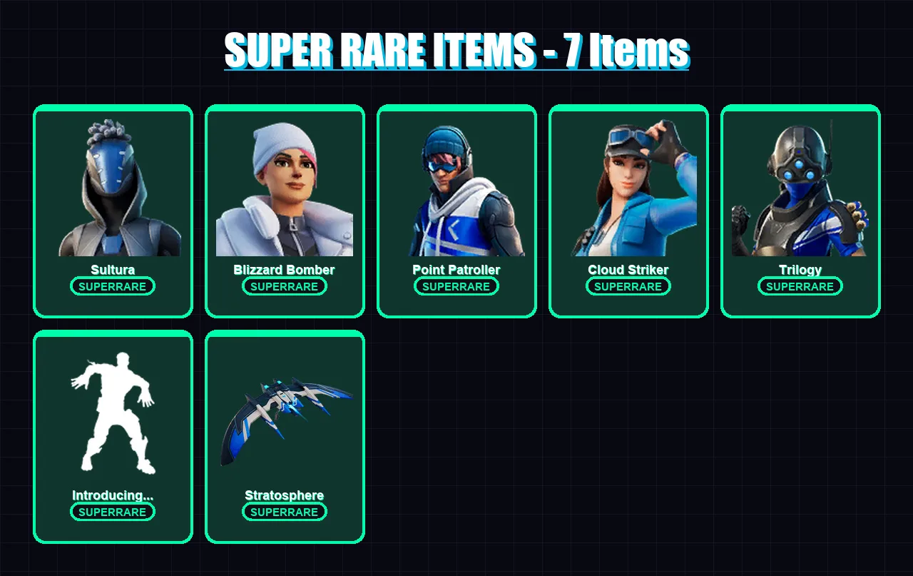[PS4/PS5/XBOX/PC] | Sultura | Blizzard Bomber | Point Patroller | Cloud Striker | Trilogy | 34 skin | 65 pickaxe | 58 emote | 68 glider | Lv970