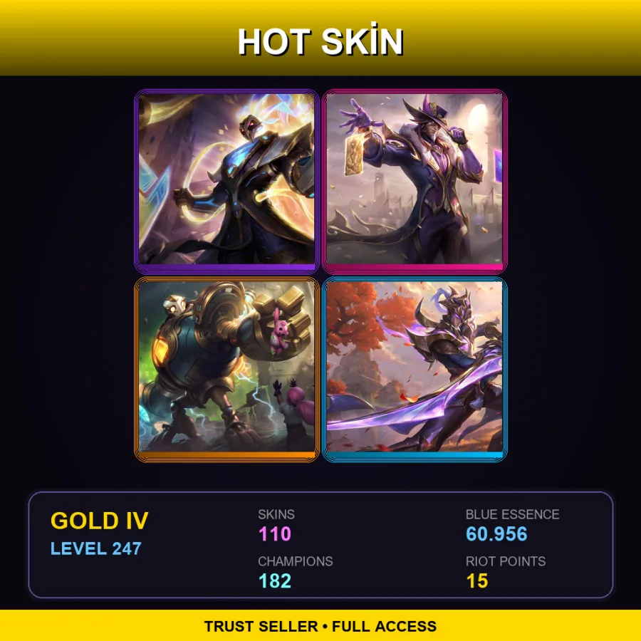 EUW | Prestige Pulsefire Thresh | Victorious Twisted Fate | Victorious Blitzcrank | Victorious Master Yi | 110 Skin | 182 Champ | Gold IV | Lv247