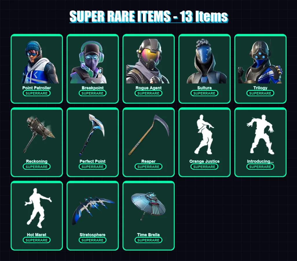 [PC] | Point Patroller | Breakpoint | Rogue Agent | Sultura | Trilogy | 212 skin | 223 pickaxe | 151 emote | 155 glider | Lv2355