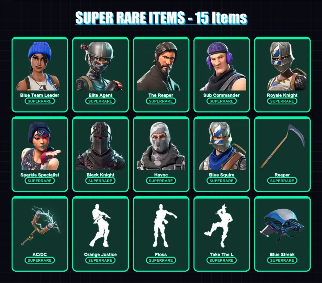 [PS4/PS5/XBOX/PC] | Blue Team Leader | Elite Agent | The Reaper | Sub Commander | Royale Knight | 32 skin | 16 pickaxe | 26 emote | 18 glider | Lv36