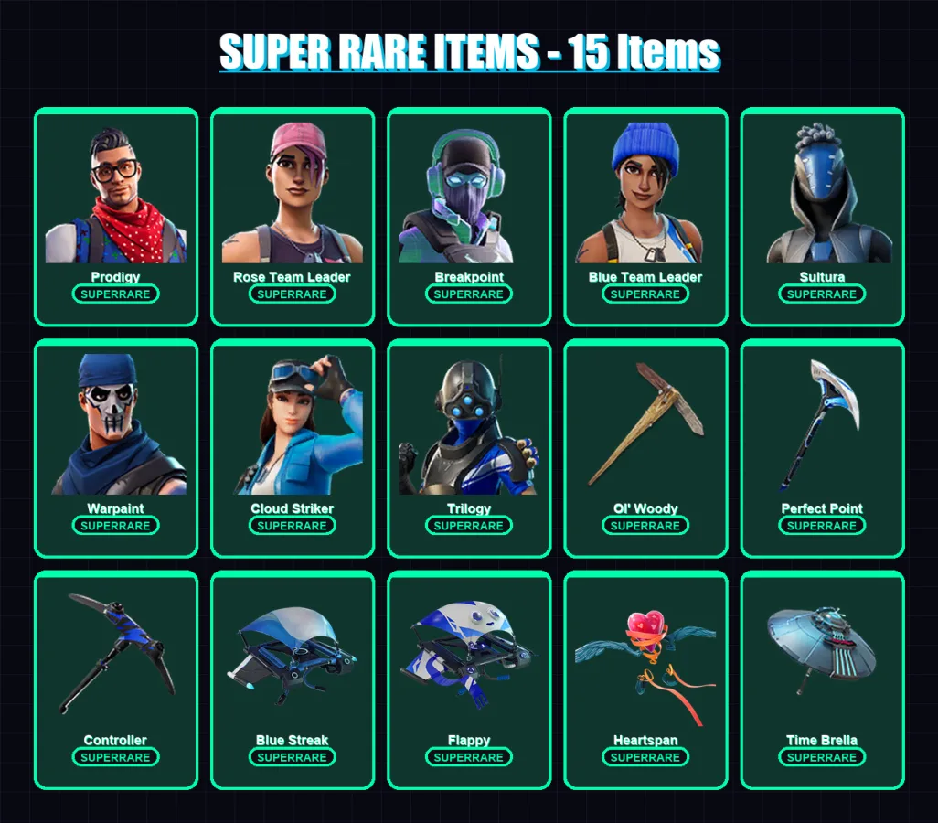 [PS4/PS5/XBOX/PC] | Prodigy | Rose Team Leader | Breakpoint | Blue Team Leader | Sultura | 118 skin | 151 pickaxe | 133 emote | 139 glider | Lv1982