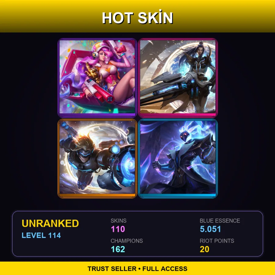 EUW | Arcade Miss Fortune | Pulsefire Caitlyn | Pulsefire Ezreal | Pulsefire Thresh | 110 Skin | 162 Champ | Lv114