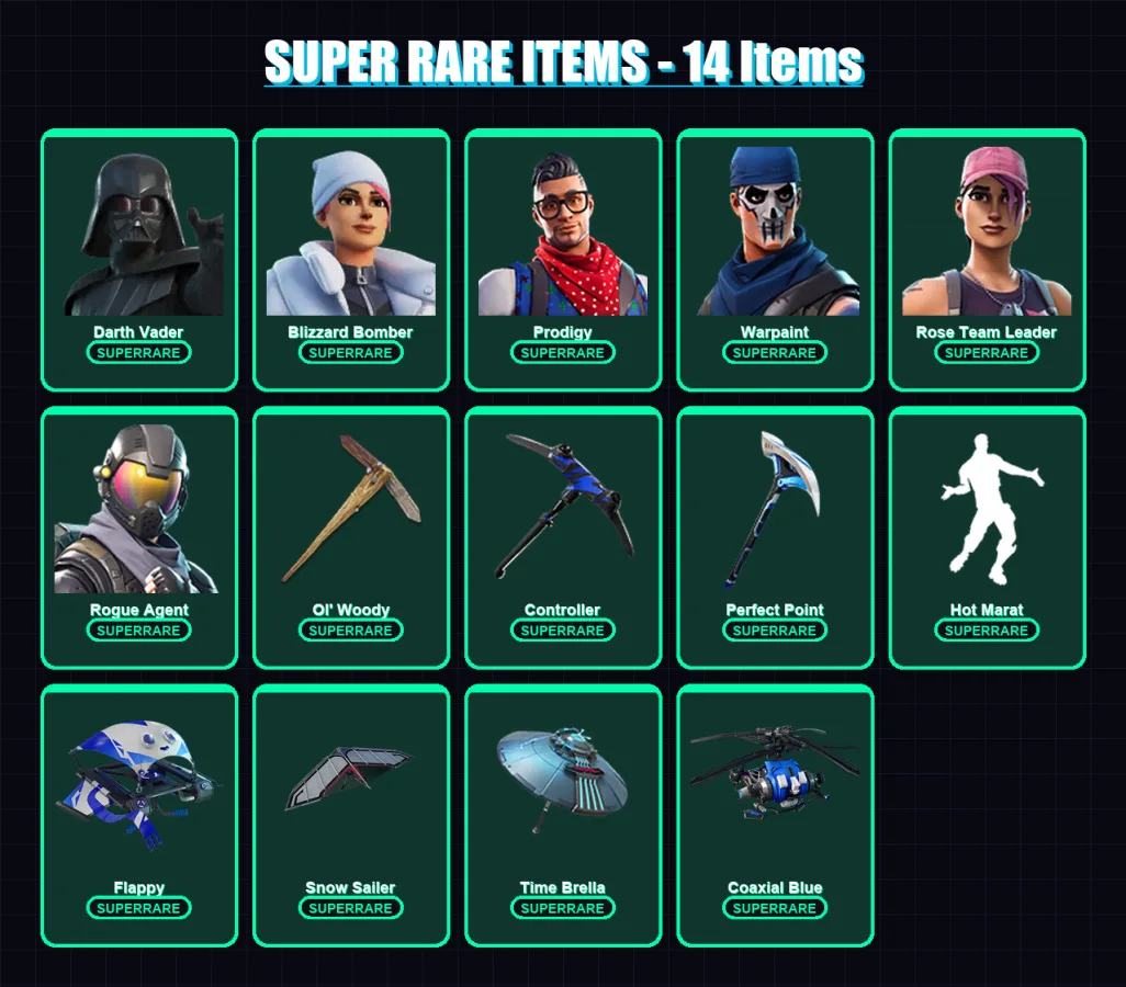 [PS4/PS5/XBOX/PC] | Darth Vader | Blizzard Bomber | Prodigy | Warpaint | Rose Team Leader | 113 skin | 150 pickaxe | 101 emote | 108 glider | Lv1168