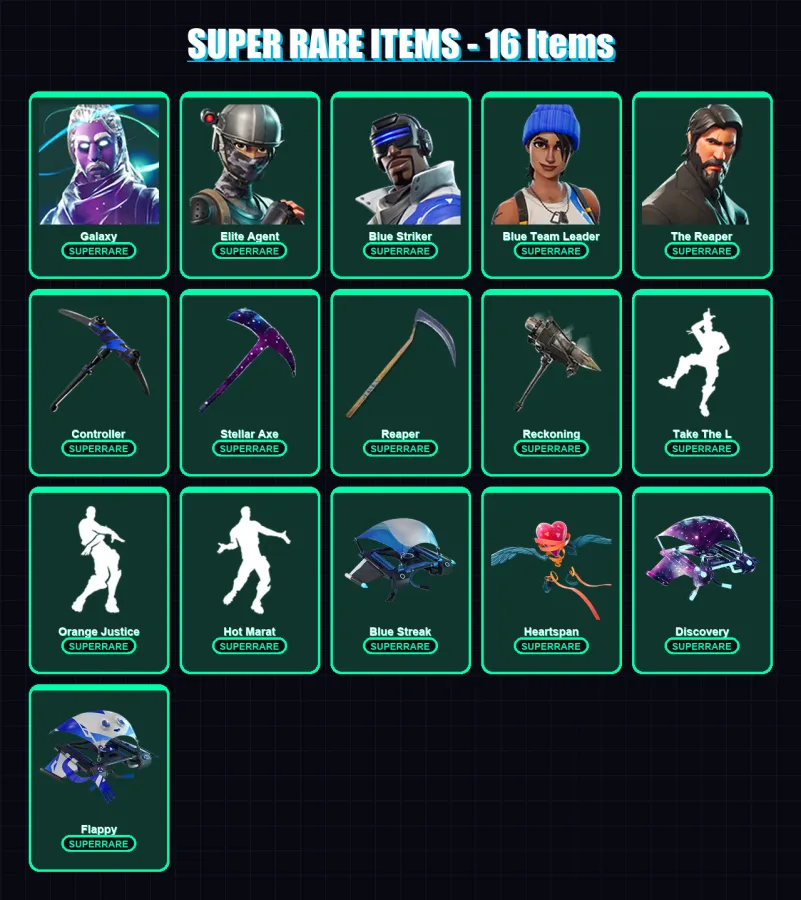 [PC/XBOX/PSN] | Galaxy | Elite Agent | Blue Striker | Blue Team Leader | The Reaper | 56 skin | 38 pickaxe | 58 emote | 44 glider | Lv624