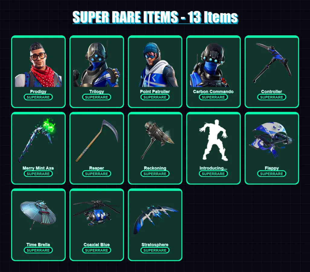 [PC/XBOX] | Prodigy | Trilogy | Point Patroller | Carbon Commando | Rox | 84 skin | 115 pickaxe | 99 emote | 104 glider | Lv1530