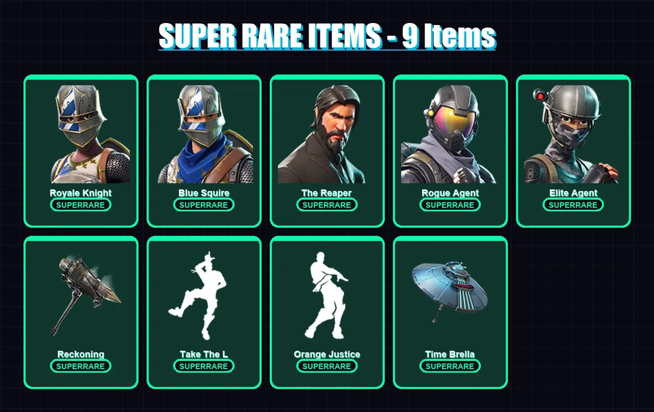 [PC/PSN] | Royale Knight | Blue Squire | The Reaper | Rogue Agent | Elite Agent | 44 skin | 51 pickaxe | 53 emote | 59 glider | Lv924