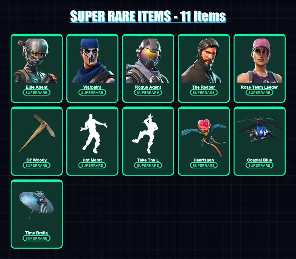 [PC/XBOX] | Elite Agent | Warpaint | Rogue Agent | The Reaper | Rose Team Leader | 88 skin | 100 pickaxe | 112 emote | 100 glider | Lv1865 — Fortnite account