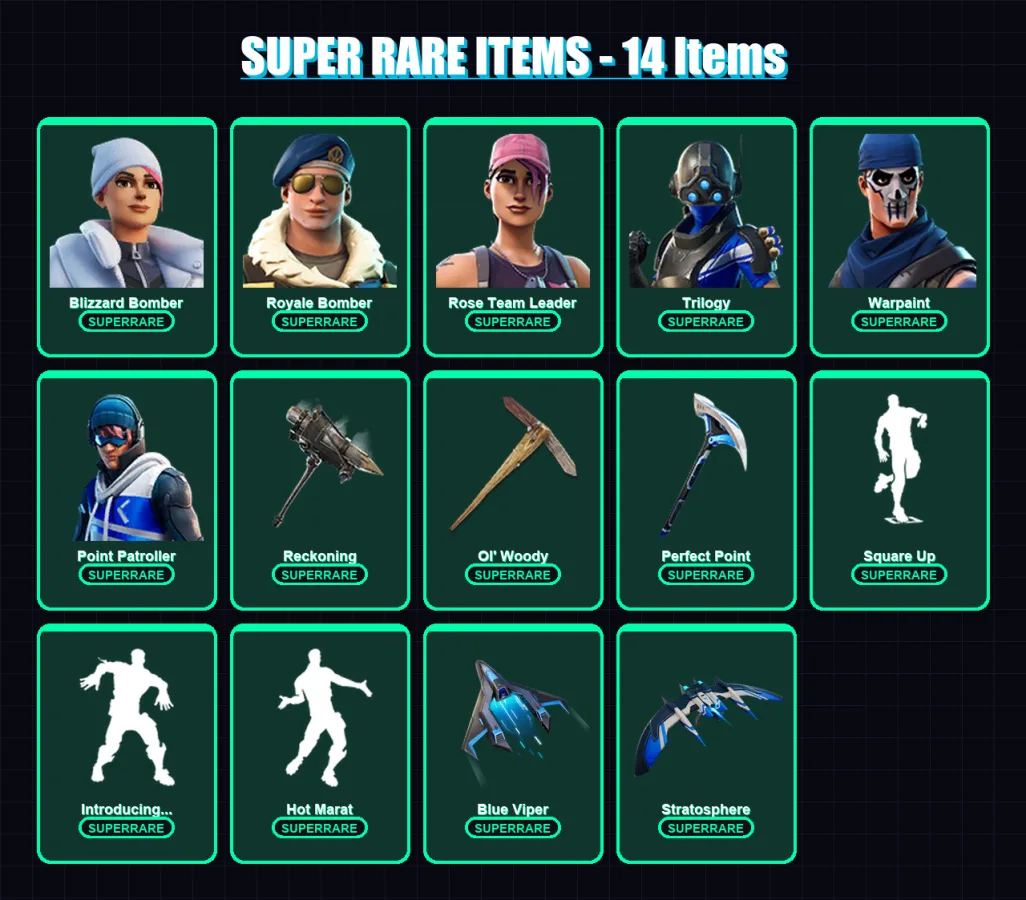 [PC/PSN] | Blizzard Bomber | Royale Bomber | Rose Team Leader | Trilogy | Warpaint | 65 skin | 71 pickaxe | 84 emote | 77 glider | Lv911