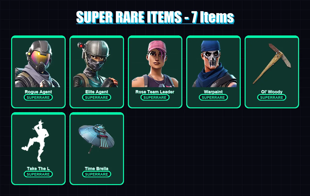 [PC] | Rogue Agent | Elite Agent | Rose Team Leader | Warpaint | Blackheart | 19 skin | 42 pickaxe | 43 emote | 44 glider | Lv597