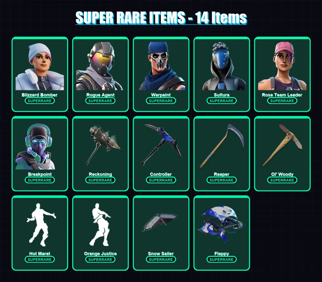 [PS4/PS5/XBOX/PC] | Blizzard Bomber | Rogue Agent | Warpaint | Sultura | Rose Team Leader | 124 skin | 111 pickaxe | 115 emote | 108 glider | Lv1440