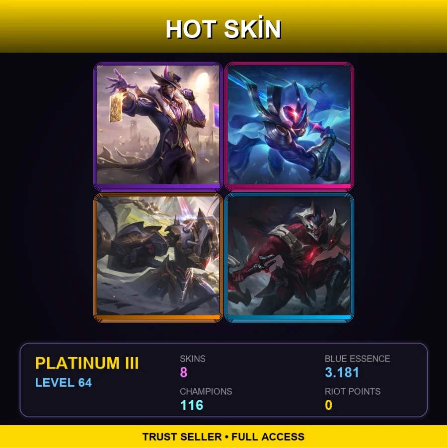 EUW | Lv64 | Platinum III | 8 Skin | 116 Champ