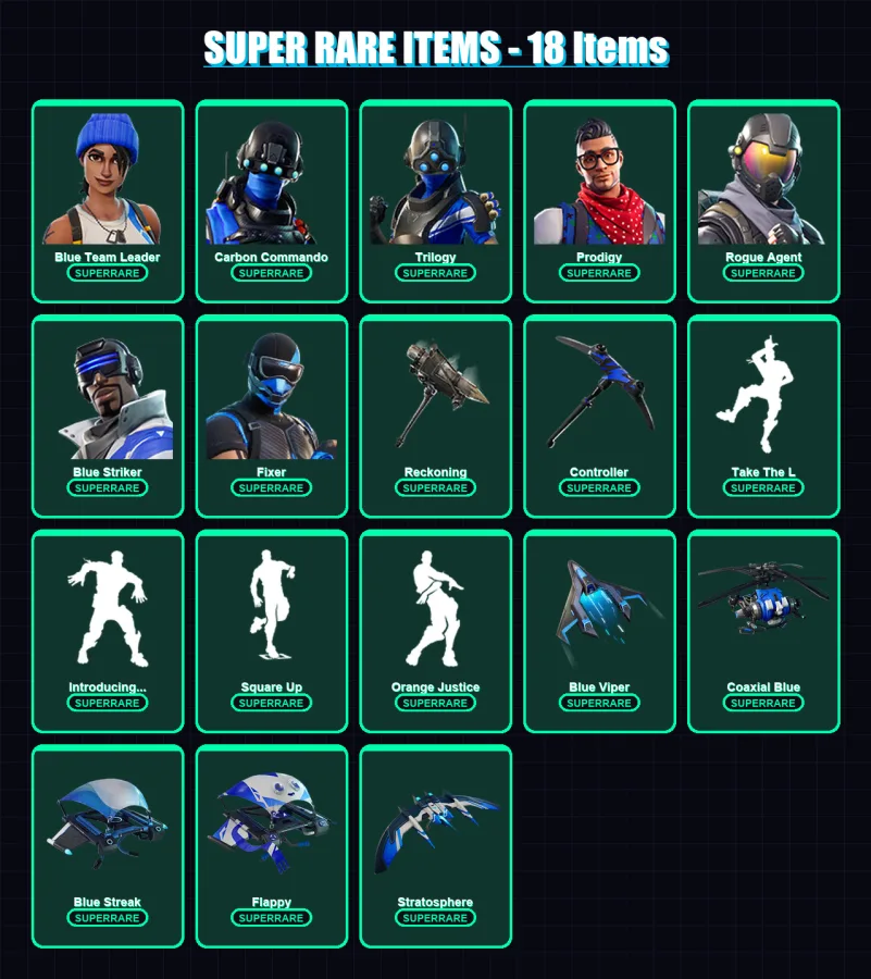 [PC/XBOX/PSN] | Blue Team Leader | Carbon Commando | Trilogy | Prodigy | Rogue Agent | 68 skin | 88 pickaxe | 54 emote | 74 glider | Lv1164