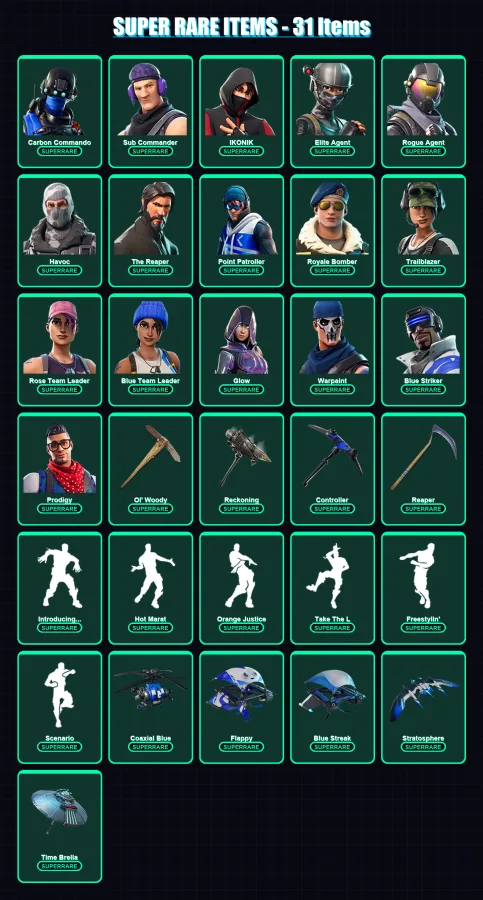 [PC] | Carbon Commando | Sub Commander | IKONIK | Elite Agent | Rogue Agent | 290 skin | 269 pickaxe | 222 emote | 201 glider | Lv2350