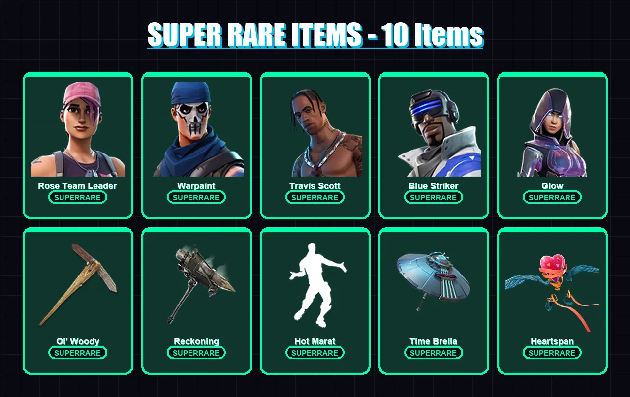 [PS4/PS5/XBOX/PC] | Rose Team Leader | Warpaint | Travis Scott | Blue Striker | Glow | 214 skin | 246 pickaxe | 213 emote | 223 glider | Lv3755