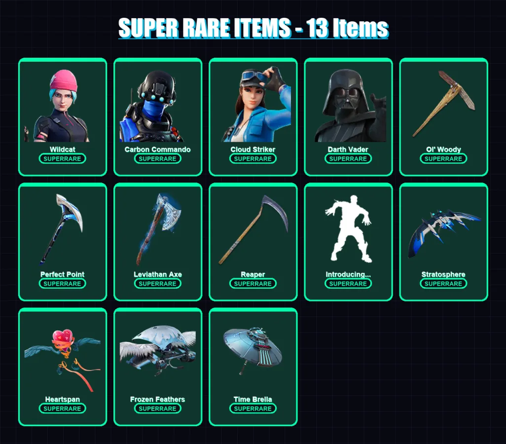 [PC/XBOX/PSN] | Wildcat | Carbon Commando | Cloud Striker | Darth Vader | Spectra Knight | 318 skin | 300 pickaxe | 227 emote | 240 glider | Lv3887