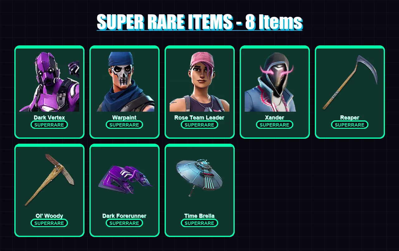 [PC/PSN] | Dark Vertex | Warpaint | Rose Team Leader | Xander | Malik | 150 skin | 170 pickaxe | 130 emote | 144 glider | Lv2172