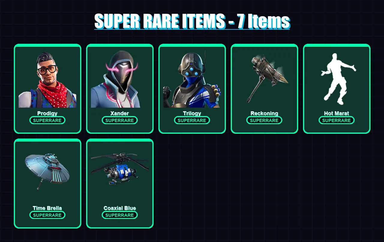 [PC] | Prodigy | Xander | Trilogy | Sorana | Calamity | 79 skin | 125 pickaxe | 102 emote | 98 glider | Lv1673