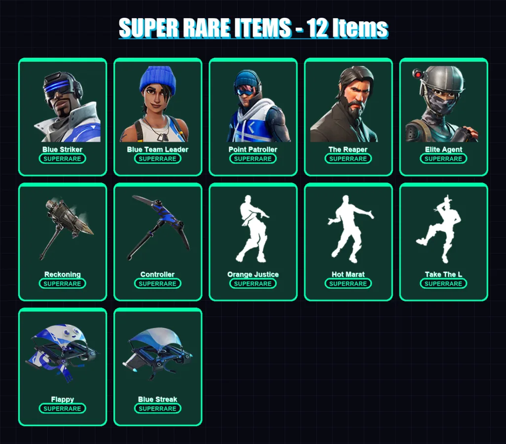 [PC/XBOX] | Blue Striker | Blue Team Leader | Point Patroller | The Reaper | Elite Agent | 60 skin | 48 pickaxe | 51 emote | 50 glider | Lv741