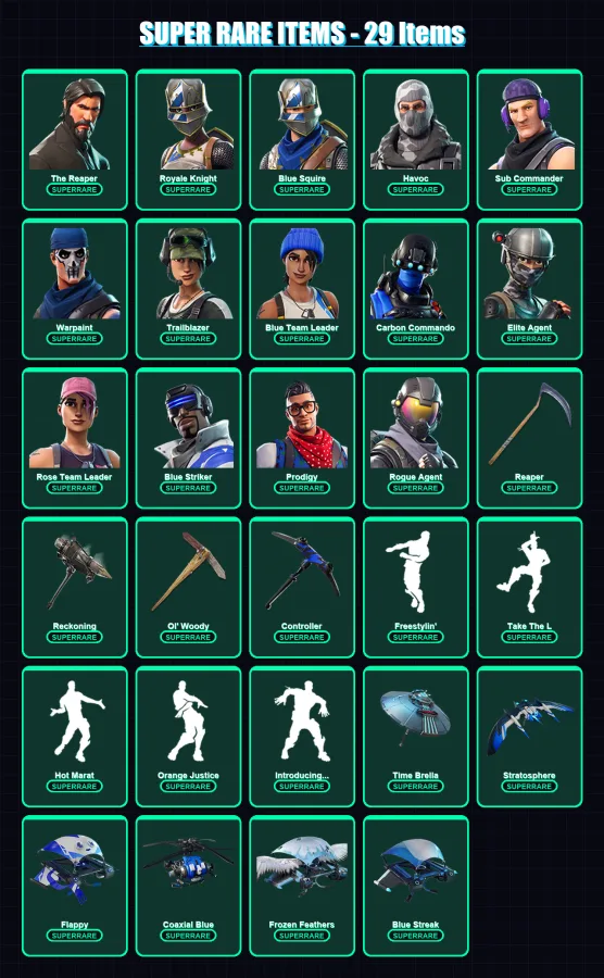 [PC] | The Reaper | Royale Knight | Blue Squire | Havoc | Sub Commander | 189 skin | 170 pickaxe | 151 emote | 138 glider | Lv1584 — Fortnite account
