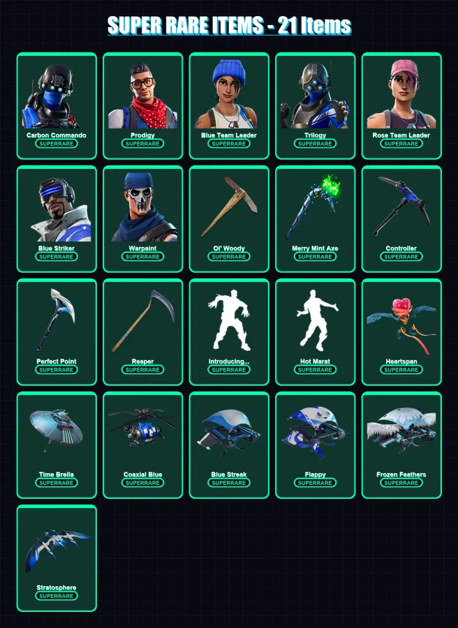[PS4/PS5/PC] | Carbon Commando | Prodigy | Blue Team Leader | Trilogy | Rose Team Leader | 123 skin | 87 pickaxe | 100 emote | 72 glider | Lv767