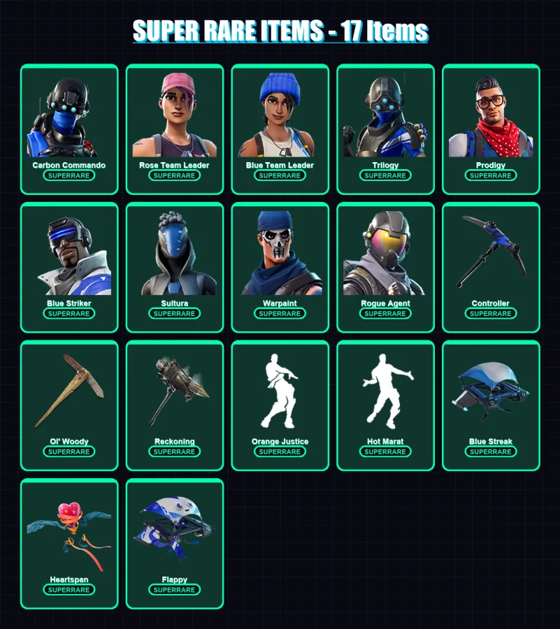 [PS4/PS5/XBOX/PC] | Carbon Commando | Rose Team Leader | Blue Team Leader | Trilogy | Prodigy | 51 skin | 39 pickaxe | 49 emote | 44 glider | Lv514