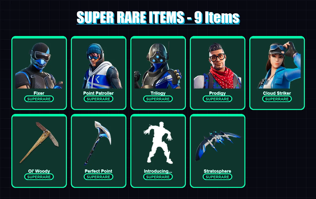 [PS4/PS5/XBOX/PC] | Fixer | Point Patroller | Trilogy | Prodigy | Cloud Striker | 62 skin | 93 pickaxe | 79 emote | 70 glider | Lv1108