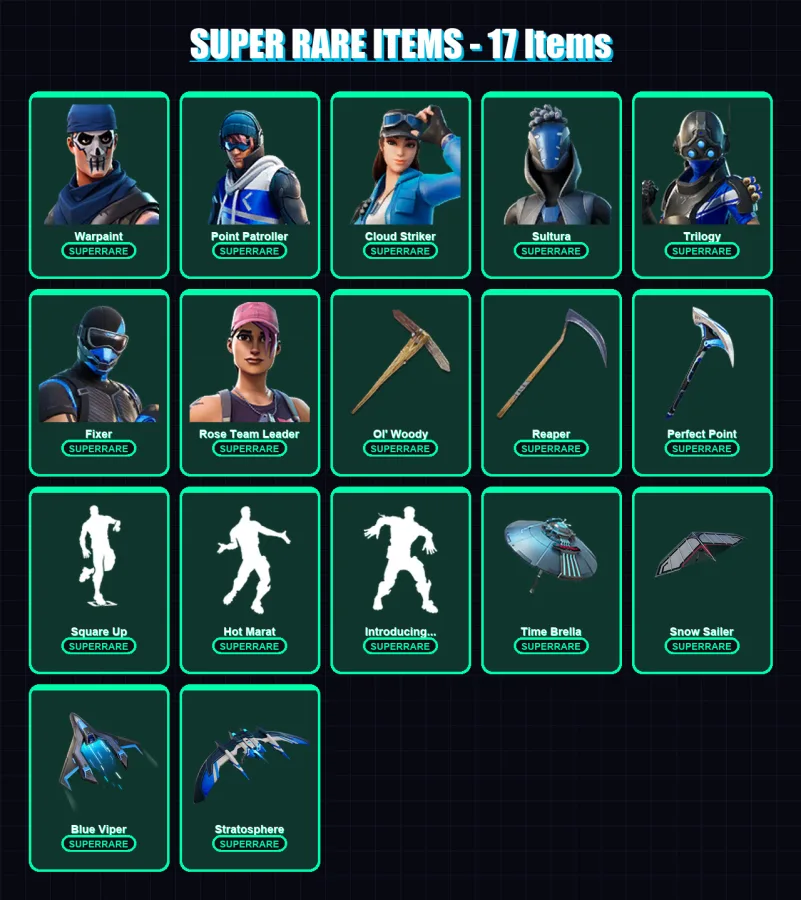[SWITCH/PC] | Warpaint | Point Patroller | Cloud Striker | Sultura | Trilogy | 97 skin | 102 pickaxe | 94 emote | 93 glider | Lv1173