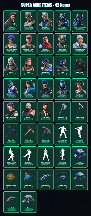 [PS4/PS5/XBOX/PC] | The Reaper | Royale Knight | Blue Squire | Trilogy | Carbon Commando | 554 skin | 569 pickaxe | 393 emote | 304 glider | Lv5046