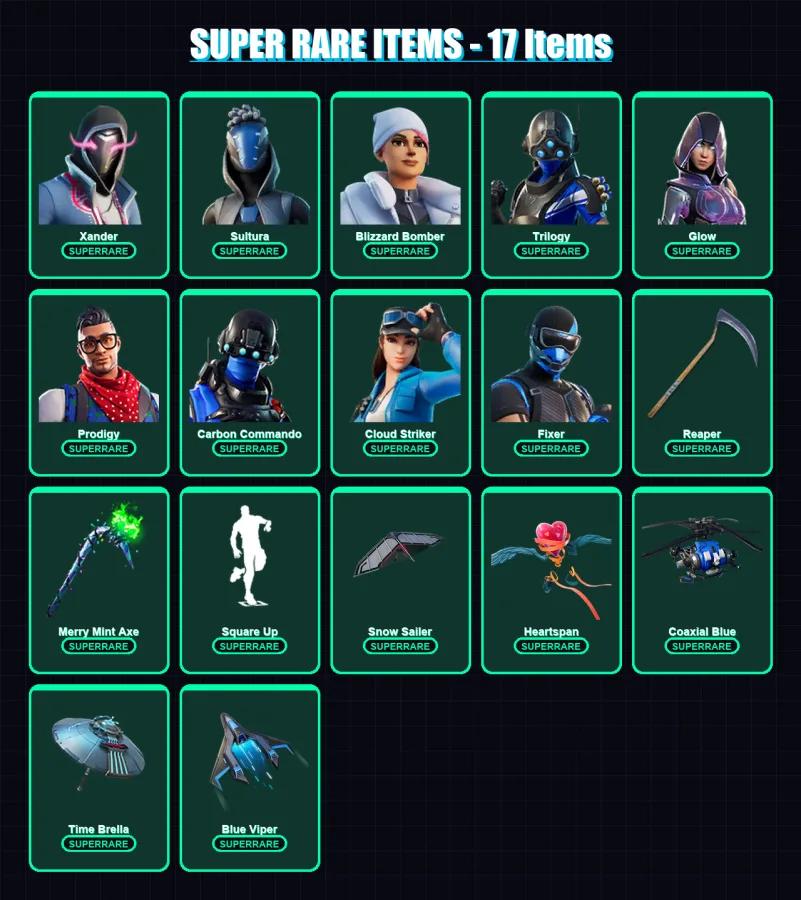 [PC] | Xander | Sultura | Blizzard Bomber | Trilogy | Glow | 265 skin | 268 pickaxe | 191 emote | 215 glider | Lv3376