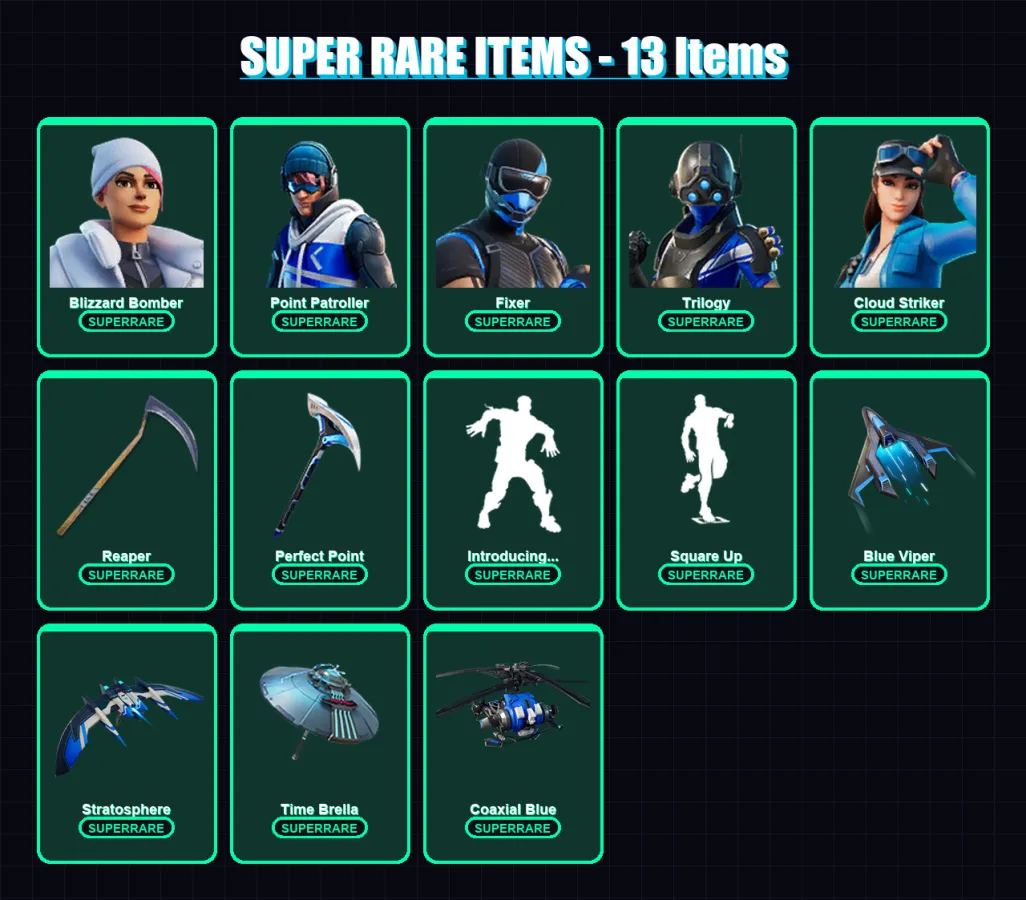 [PC] | Blizzard Bomber | Point Patroller | Fixer | Trilogy | Cloud Striker | 138 skin | 171 pickaxe | 106 emote | 136 glider | Lv2151 — Fortnite account