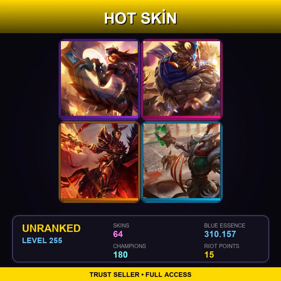 EUW | Victorious Sivir | Victorious Maokai | Warring Kingdoms Jarvan IV | Warring Kingdoms Azir | 64 Skin | 180 Champ | Lv255