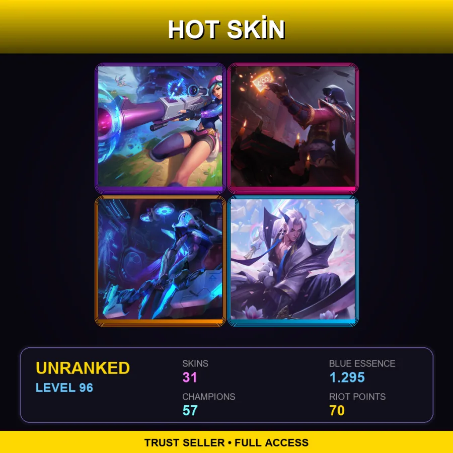 SG | Arcade Caitlyn | Blood Moon Twisted Fate | PROJECT: Ashe | Spirit Blossom Yone | 31 Skin | 57 Champ | Lv96