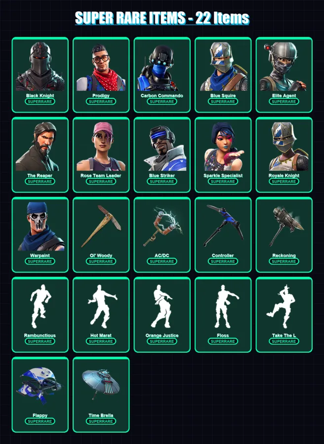 [PS4/PS5/XBOX/PC] | Black Knight | Prodigy | Carbon Commando | Blue Squire | Elite Agent | 106 skin | 97 pickaxe | 104 emote | 105 glider | Lv1284
