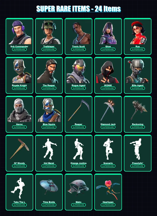 [PS4/PS5/PC] | Sub Commander | Trailblazer | Travis Scott | Glow | Rue | 192 skin | 162 pickaxe | 168 emote | 148 glider | Lv2232