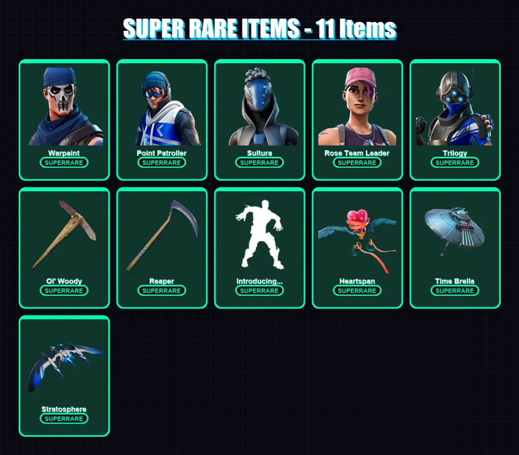[PS4/PS5/XBOX/PC] | Warpaint | Point Patroller | Sultura | Rose Team Leader | Trilogy | 70 skin | 78 pickaxe | 88 emote | 85 glider | Lv1027