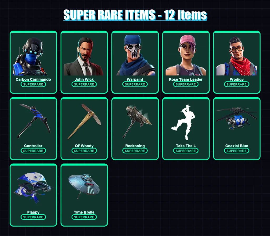 [PC/XBOX/PSN] | Carbon Commando | John Wick | Warpaint | Rose Team Leader | Prodigy | 21 skin | 30 pickaxe | 36 emote | 31 glider | Lv458