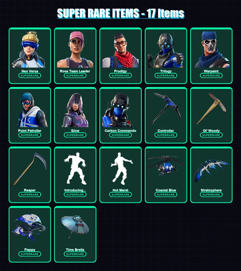 [PS4/PS5/XBOX/PC] | Neo Versa | Rose Team Leader | Prodigy | Trilogy | Warpaint | 87 skin | 88 pickaxe | 88 emote | 94 glider | Lv1310