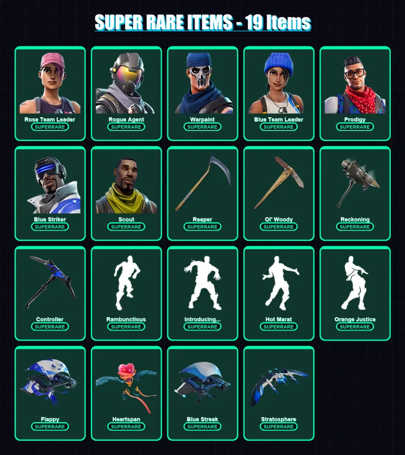 [PS4/PS5/XBOX/PC] | Rose Team Leader | Rogue Agent | Warpaint | Blue Team Leader | Prodigy | 150 skin | 106 pickaxe | 139 emote | 92 glider | Lv1520