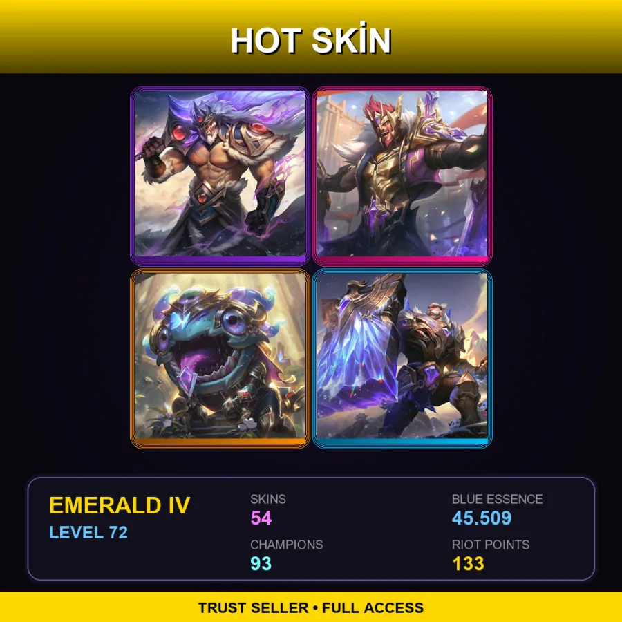 EUW | Lv72 | Emerald IV | 54 Skin | 93 Champ