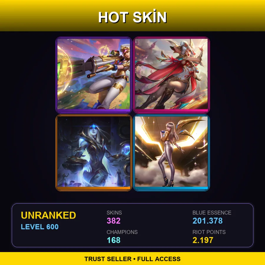 TW | Prestige Arcade Caitlyn | Prestige Brave Phoenix Xayah | Cosmic Queen Ashe | Prestige K/DA Kai'Sa (2022) | 382 Skin | 168 Champ | Lv600