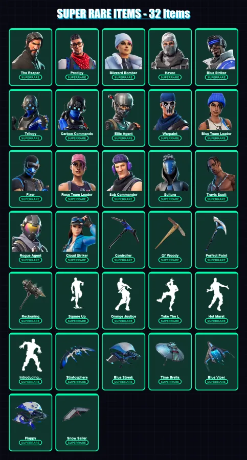 [PS4/PS5/XBOX/PC] | The Reaper | Prodigy | Blizzard Bomber | Havoc | Blue Striker | 111 skin | 112 pickaxe | 117 emote | 125 glider | Lv1894