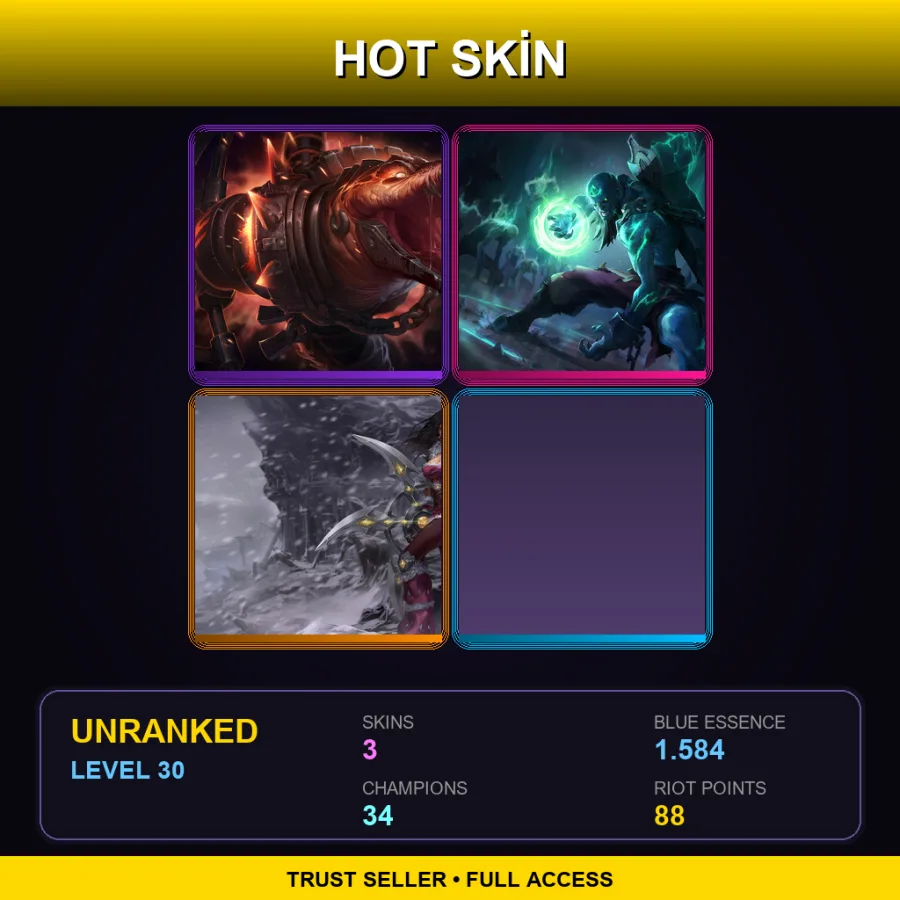 EUW | Lv30 | Unranked | 3 Skin | 34 Champ — LoL account