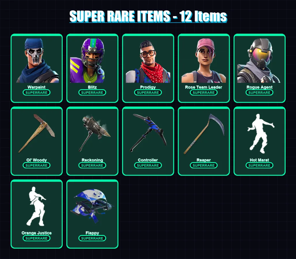 [PC/XBOX/PSN] | Warpaint | Blitz | Prodigy | Rose Team Leader | Rogue Agent | 100 skin | 54 pickaxe | 82 emote | 58 glider | Lv1000
