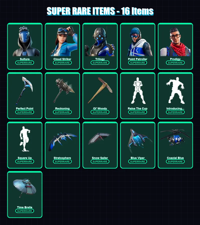 [PS4/PS5/XBOX/PC] | Sultura | Cloud Striker | Trilogy | Point Patroller | Prodigy | 201 skin | 247 pickaxe | 183 emote | 213 glider | Lv3304 — Fortnite account